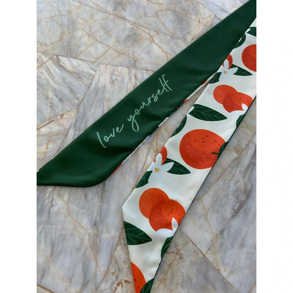 Orange Citrus Floral Love Yourself Green Skinny Scarf Twilly Bag Accessory